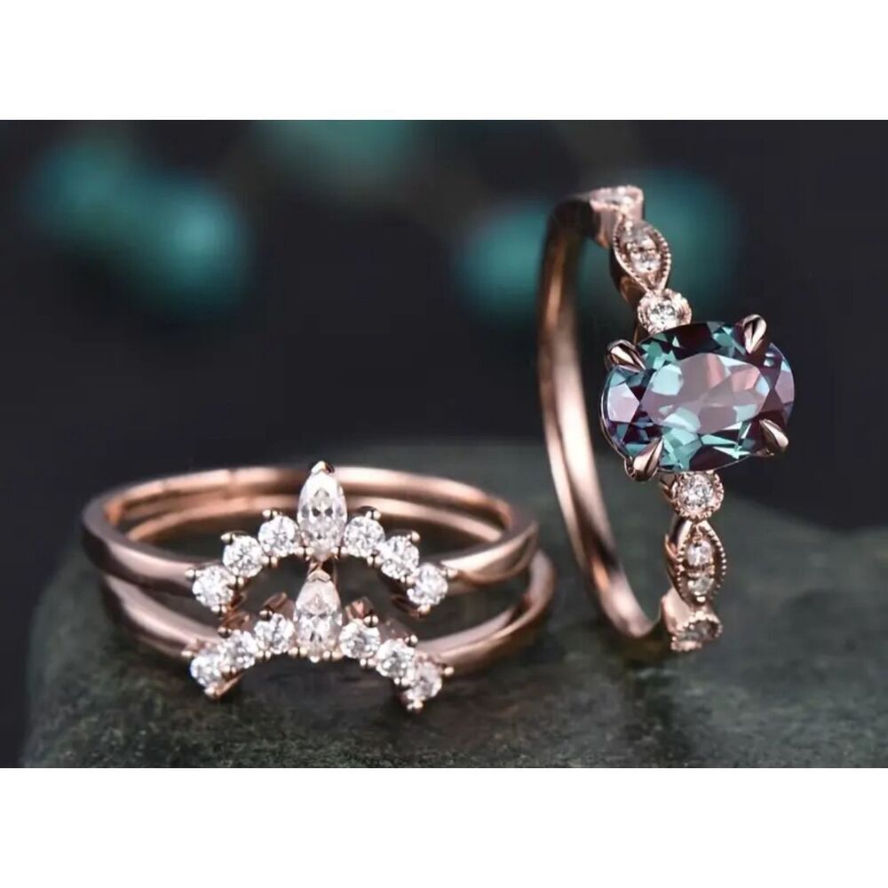 3 PC Alexandrite Engagement Ring Set Wedding Rose Gold Fashion Metal Unknown 7 - Picture 3 of 4